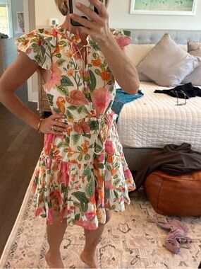 FARM Rio Floral Tiered Mini Dress in Pink, Green & Orange